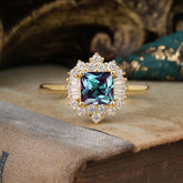 Princess Cut Alexandrite Engagement Ring Brilliant Cluster Ring